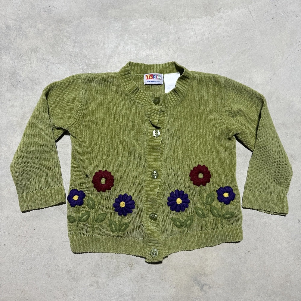 VTG 1990's Rare McKids McDonald's Girls Green Cardigan  Sweater  Flowers Size 3